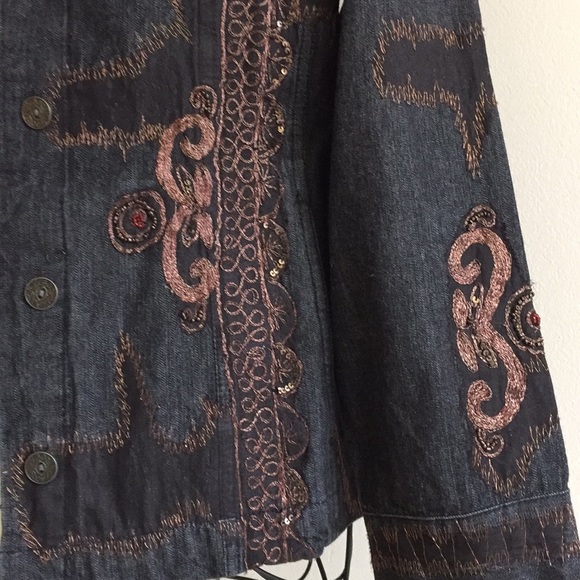Black Denim Jean Embroidered Rhinestone Jacket M? - Picture 5 of 8